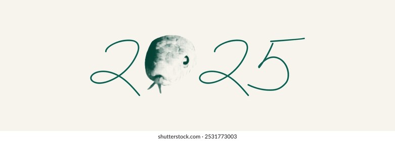 New Year banner template with 2025 and halftone collage of a snake head. Year of the Snake. Duotone modern retro vector illustration