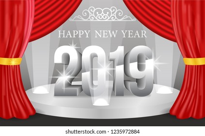 New year banner template with 3D silver number with red curtain on the stage. vector illustration