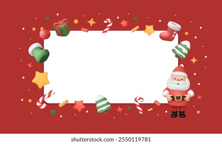 Plantilla de Anuncio de año Nuevo con Santa Claus 3d y Elementos de dibujos animados en el borde de papel en blanco. Fondo vacío para la venta, anuncio de la promoción, invitación del año Nuevo, acontecimiento de la celebración, cartel del saludo.