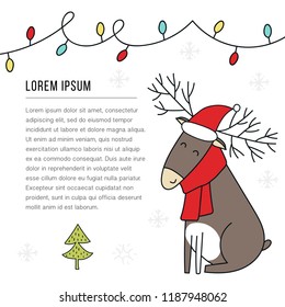 New Year banner template - Christmas deer in santa hat. Cute and fun vector illustration.