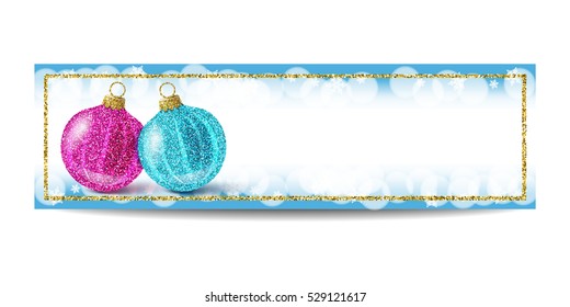 New Year banner template with Christmas balls. Blue background with bokeh, snow, fog and snowflakes. Golden frame. Glitter sequins. Flyer and coupon design template. Vector EPS10 illustration.