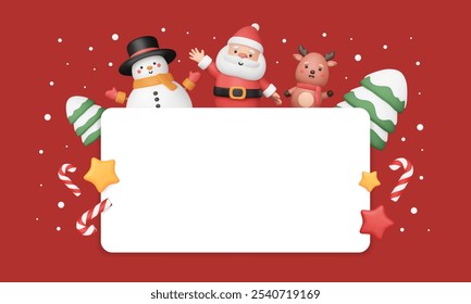 New Year banner template with cute 3d characters and blank white frame. Christmas cartoon elements in border. Invitation, announcement card with copy space. Greeting background. Vector illustration.