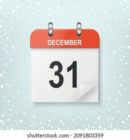 New Year Banner. Vector 3d Red Realistic New Year Calendar. December 31. New Year 2022 Holiday Eve Concept. Design Template of Paper Calendar. Square Calendar anrd Snowflakes, Snowy Background