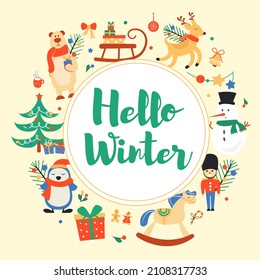 Banner de año nuevo con personajes de invierno, elementos y letras. Ilustración vectorial.