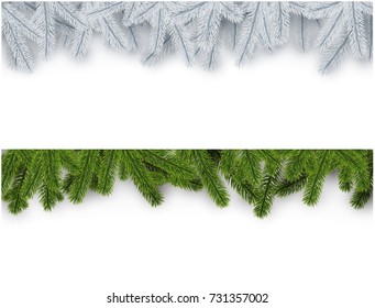 New Year banners with green or white spruce branches. Vector illustration.