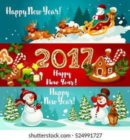 New Year banners with Santa Claus flying on sleigh with reindeer, xmas gift, gingerbread house and man with holly berry and ginger cookie number 2017, snowman with gift bag and lantern.