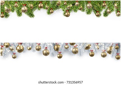 New Year banners with spruce branches and golden Christmas balls. Vector illustration.