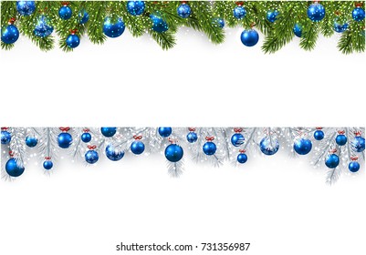 New Year banners with spruce branches and blue Christmas balls. Vector illustration.