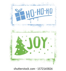 New year banners in the style of street art. Gift text "Ho ho ho". New Year tree and text "Joy". Christmas greeting card.