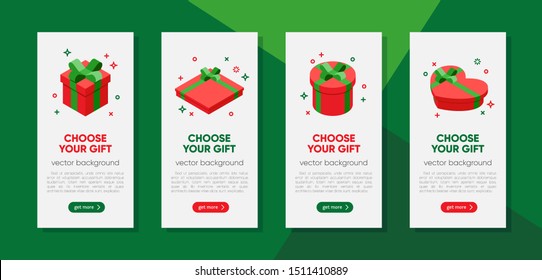 New Year banners template with isometric gift boxes on white background, vector illustration. Bright, colorful present and gift boxes with ribbon bows, confetti particles. 