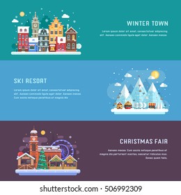 New Year banners with winter travel destinations templates. Europe snow town, Christmas market and alps mountain ski resort. Winter landscapes in flat design. New Year holidays travel backgrounds.