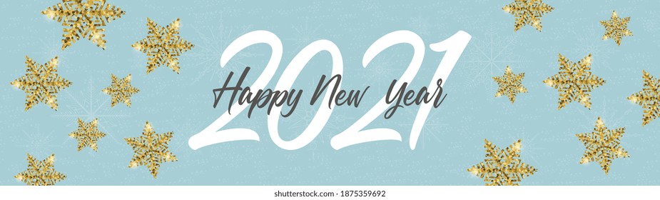 New Year bannner for web design. Happy New Year. Snowflakes gold and snow on a blue background.