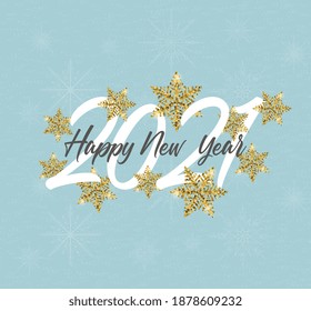 Neujahrsbanner für Webdesign. Frohes neues Jahr. Schneeflocken Gold und Schnee auf blauem Hintergrund.