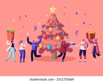 New Year Bash. Happy People Celebrating Party Having Fun and Dancing at Decorated Christmas Tree with Garland and Confetti, Giving Gifts on Family or Corporate Event Cartoon Flat Vector Illustration