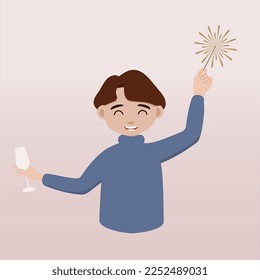 New Year bash. People celebrating party vector illustration. Cool vector flat character design on New Year or Birthday party with male or boy characters having fun and having a toast. 