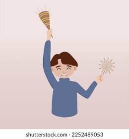 New Year bash. People celebrating party vector illustration. Cool vector flat character design on New Year or Birthday party with male or boy characters having fun and having a toast. 