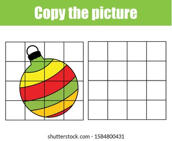 New year bauble. Draw by grid. Copy picture educational game for children, toddlers and kids. Christmas theme activity