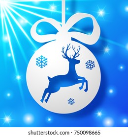 New year bauble with running deer and snowflakes on blue sparkling background flat vector illustration