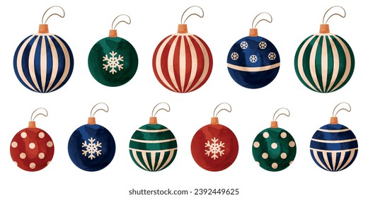 New year baubles, Christmas balls in retro style. Watercolor style. Red, deep blue and dark green baubles. Isolated vector set.