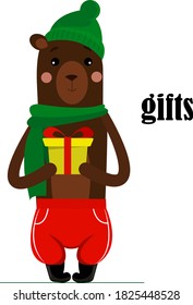 oso con pantalones rojos, pañuelo verde y sombrero sosteniendo un regalo