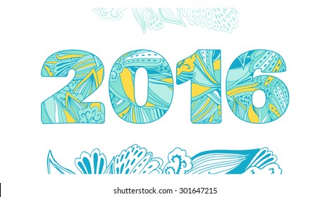 New Year. Beautiful hand drawn figures Symbol  2016 with doodle ornament postcard, price, congratulations. Bright colors