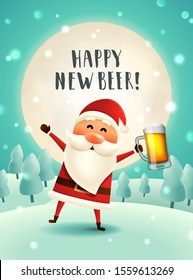 New year beer greeting card. Drunk Santa with craft beer mug in the moonlight. WInter forest background. Christmas poster for a bar or holiday invitation.