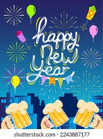 new year beer party, happy new year fireworks group party, new year group night party banner