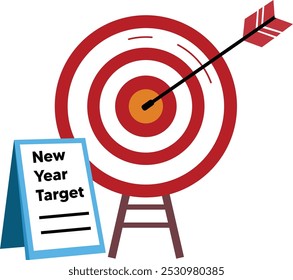 New Year, New Beginnings, features a prominent target placed on a sturdy stand, with an arrow perfectly embedded at its center, showcasing the concept of goal-setting and achievement