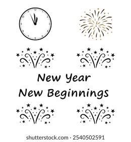 New Year New Beginnings – Festive Typography Design with Clock and Fireworks for New Year Celebrations