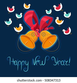 New Year Bells on a dark background with birds. Happy New Year lettering. Vector illustration.