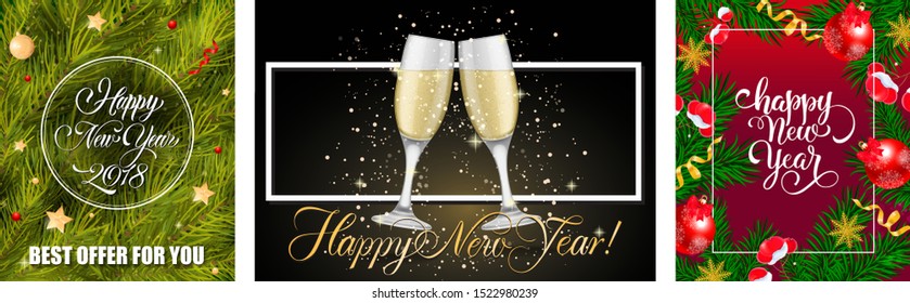 New Year best offer poster set with fir tree, gold and red baubles, berries, champagne flutes on black and red backgrounds. Vector illustration for advertising design, party flyers and banners