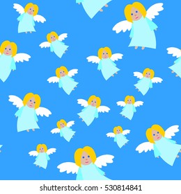 New Year big angels seamless pattern. Light blue long dress. Fair hair and blue eyes. Small flying girl. White straightened wings. Cartoon style. Flat design. Wallpaper design endless texture. Vector
