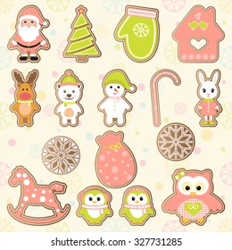 New year. Big Christmas cookies collection with gingerbread of Santa Claus, Penguins, White Bear, Rabbit, Reindeer, Snowman, Owl, Gift box and Christmas tree on winter background with snowflakes