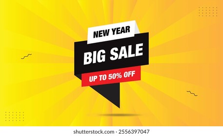 New Year Big Sale Banner Up to 50% OFF! Editable EPS template with bold black, white, and red shapes and a stunning yellow-orange gradient background. Perfect design for promotions and marketing