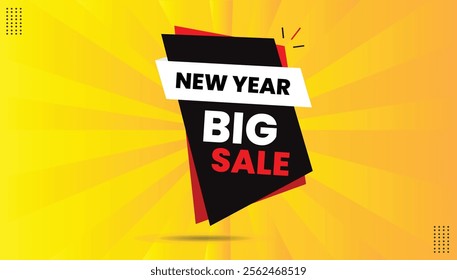 New Year Big Sale editable sticker icon label EPS format template design with bold yellow-orange font, black-red shapes, and an abstract hot background for eye-catching promotion