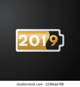 The New Year black background. The almost charged battery indicates upcoming 2019 year. Battery vector icon. 