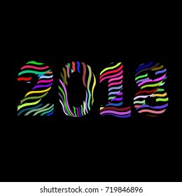 New Year black background with bright striped numbers 2018. Vector illustration.