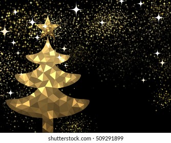 New Year black background with golden Christmas tree. Vector illustration.