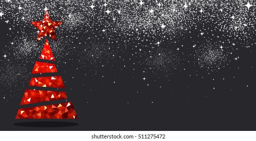 New Year black background with red Christmas tree. Vector illustration.