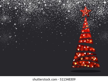 New Year black background with red Christmas tree. Vector illustration.