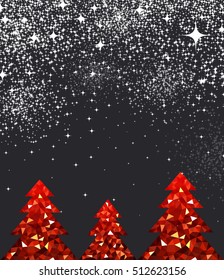 New Year black background with red Christmas trees. Vector illustration.