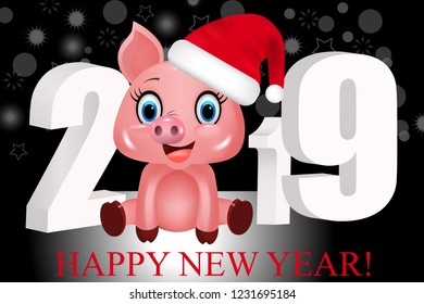New Year black background with white 3D Digits 2019 and cute pig in Santa's hat, zodiac symbol in the Chinese calendar the of the 2019 Year. Vector illustration.