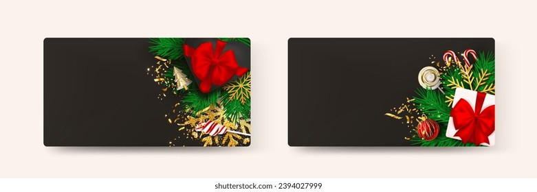 New year black gift card with red ribbon and bow, christmas decoration collection. Set of holiday present, birthday celebration surprise, sale coupon, empty mockup and copy space. Vector illustration