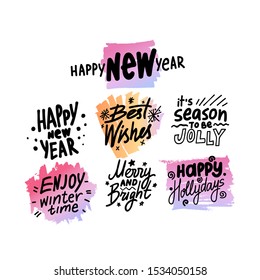 New Year black hand drawn lettering collection. Happy holidays, enjoy winter time ink pen phrases. Christmas wishes calligraphic quotes isolated on white. Festive decorative Xmas design elements
