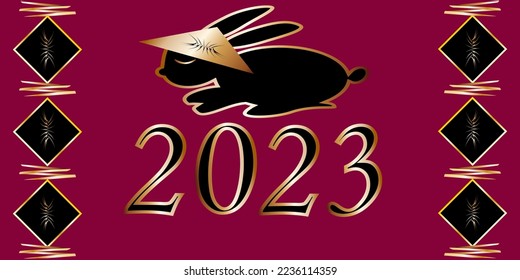  new year black rabbit 2023 gold outline raspberry background