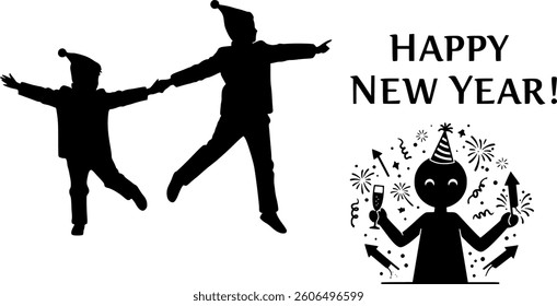 New Year Black Silhouette in Vector on White Background | Festive Celebration Illustration | Countdown and Fireworks | Minimalist and Editable Design