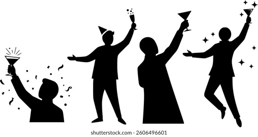 New Year Black Silhouette in Vector on White Background | Festive Celebration Illustration | Countdown and Fireworks | Minimalist and Editable Design