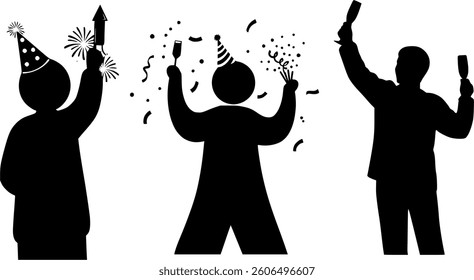 New Year Black Silhouette in Vector on White Background | Festive Celebration Illustration | Countdown and Fireworks | Minimalist and Editable Design