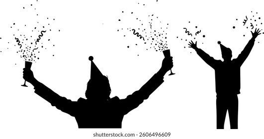 New Year Black Silhouette in Vector on White Background | Festive Celebration Illustration | Countdown and Fireworks | Minimalist and Editable Design