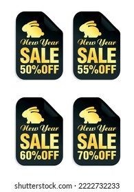 New Year black stickers set with bunny. Sale 50%, 55%, 60%, 70% off. Vector illustration